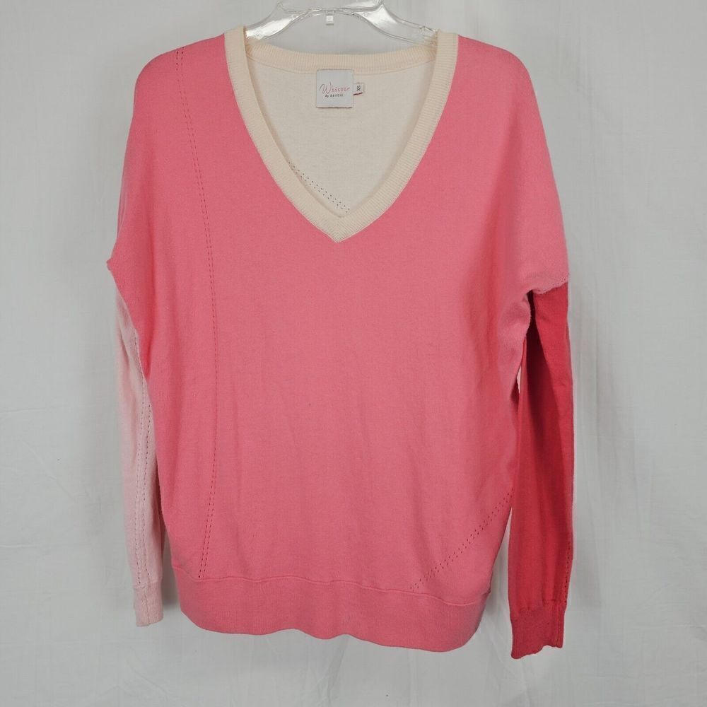 Whisper by Brodie Womens Sweater XS Silk Cotton Vneck Colorblock Quiet Luxury
